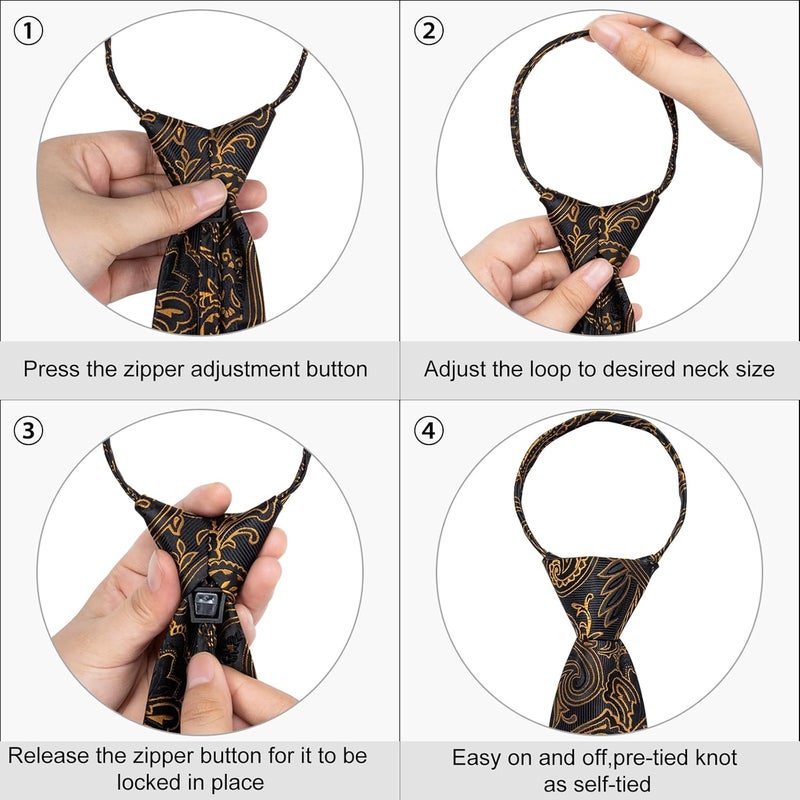 DiBanGu Silk Zipper Ties for Men,Paisley Solid Plaid Pre-tied Tie and Pocket Square Cufflinks Set Formal Adjustable Necktie - Image 5